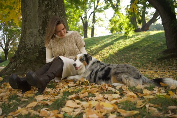 Woman sitting against a tree trunk with her dog lying beside her in yellow leaves