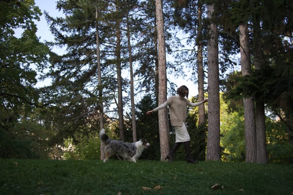 Woman and her dog playing on the grass between tall pines