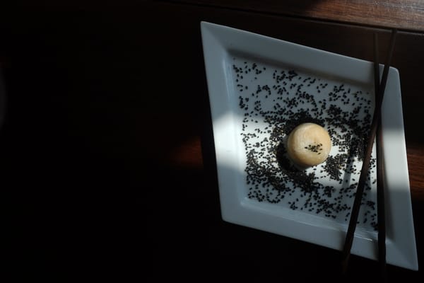 Overhead view of pale mochi centered on white plate among scattered black sesame seeds