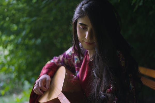 Woman on a park bench in dark crimson robe, looking down at saz, moody green park setting