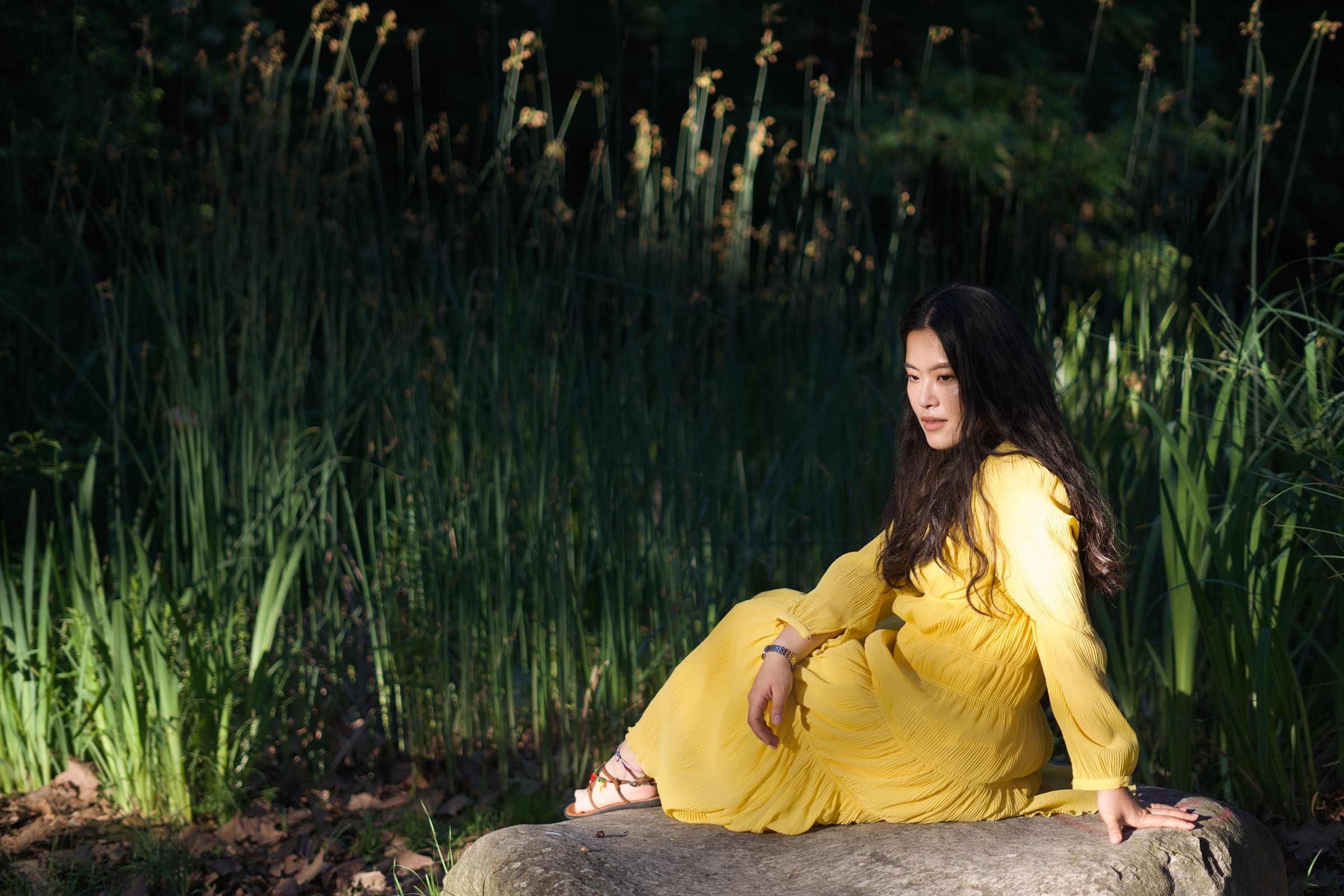 Woman in a long yellow dress sitting on a rock in front of tall reeds