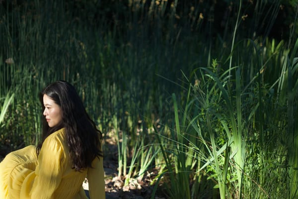 Woman in yellow sitting at the edge of tall green reeds in the sun